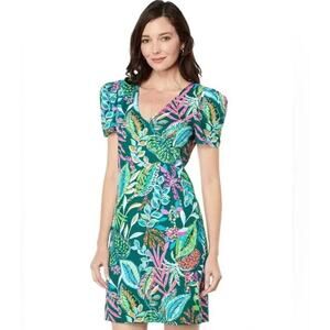 Lilly Pulitzer Aleece Small Cotton Jungle Print V-Neck Puff Sleeve Dress